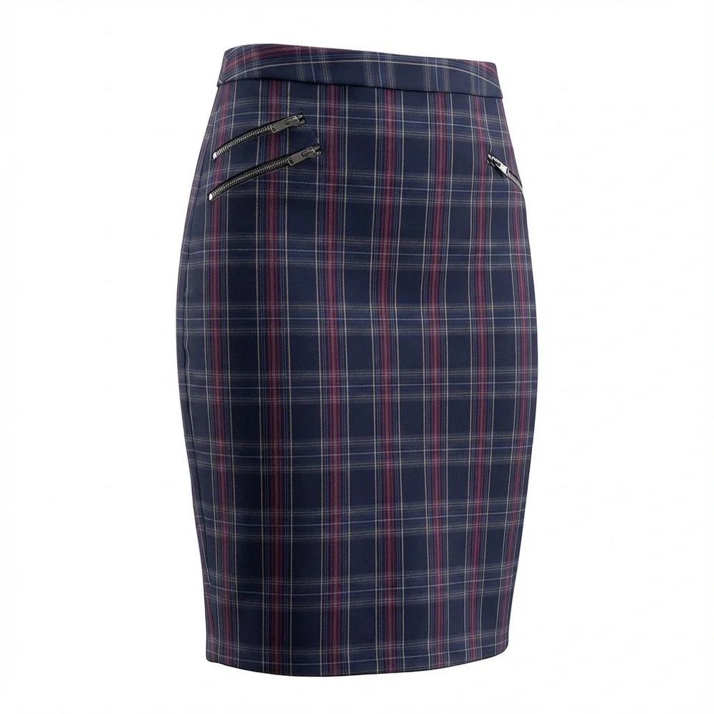 NWT Philosophy Navy Plaid Pencil Skirt With Zipper Details Women’s Size 10
